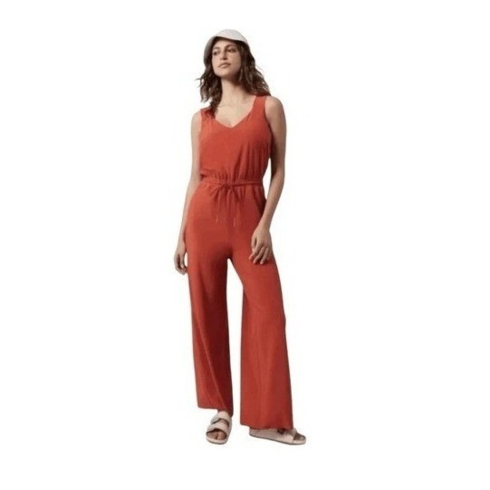 Athleta Savannah Jumpsuit Orange Red Stretch Knit Wide Leg V Neck Sleeveless 8